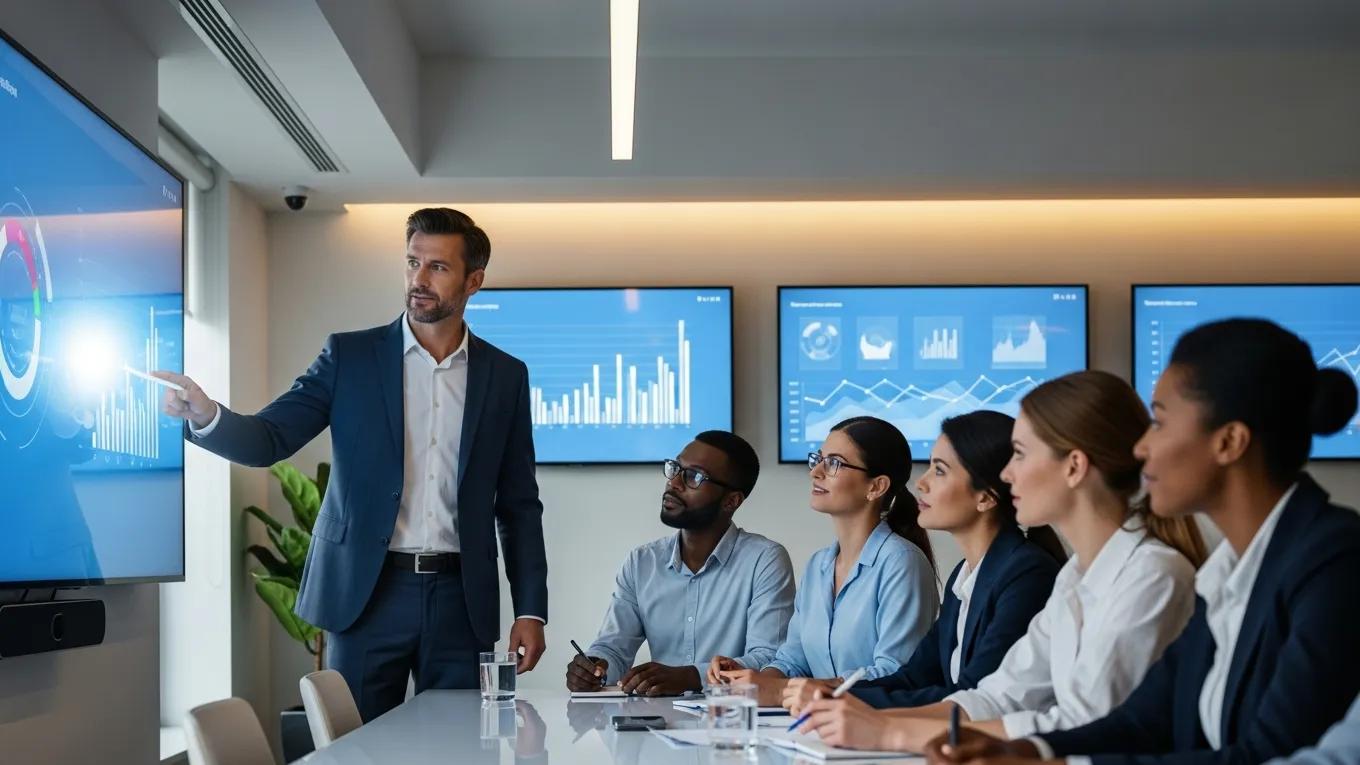 Business leader presenting a strategic AI deployment plan to a team in a conference room