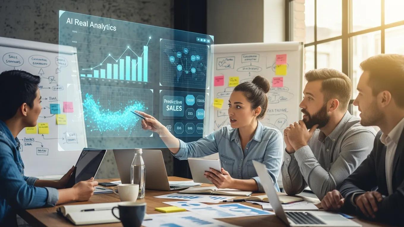 Sales team discussing AI optimization strategies with analytics displayed in the background