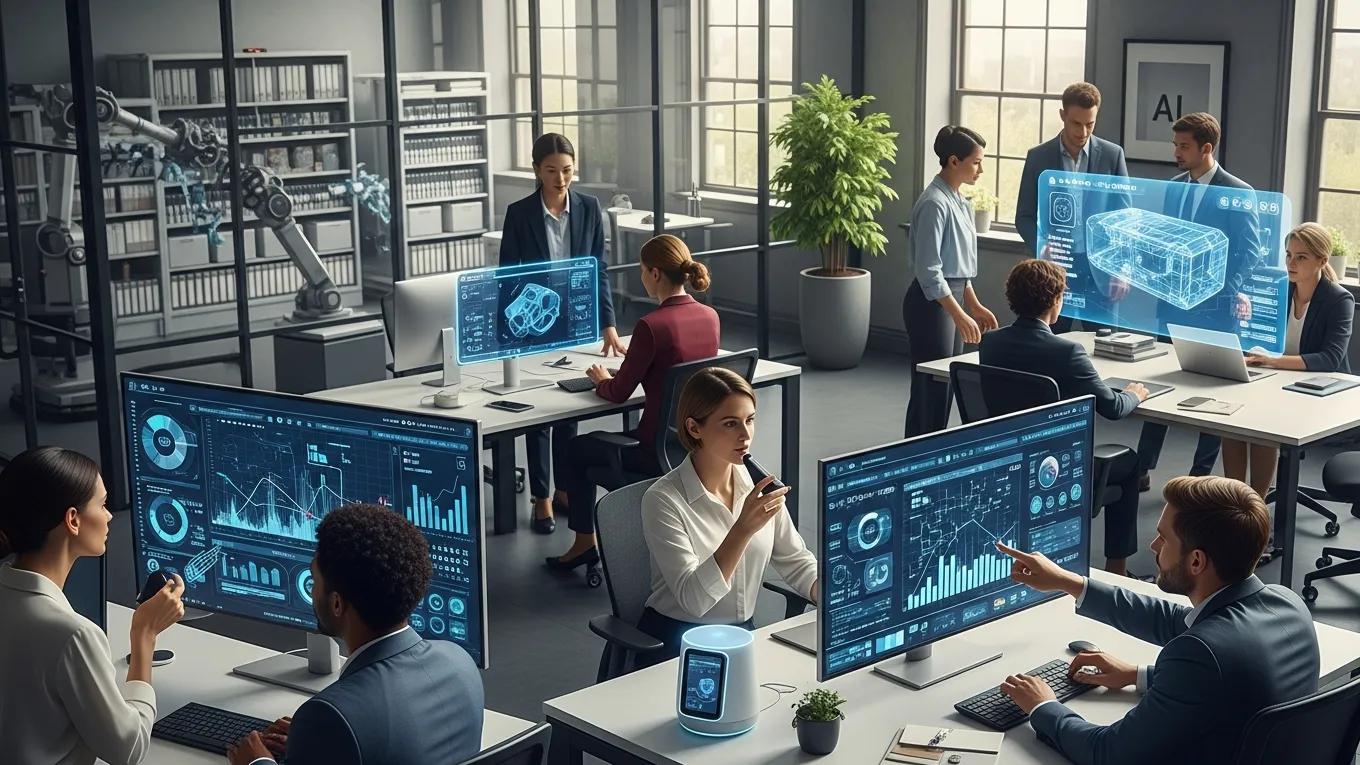 Business professionals utilizing AI technology in an innovative workspace