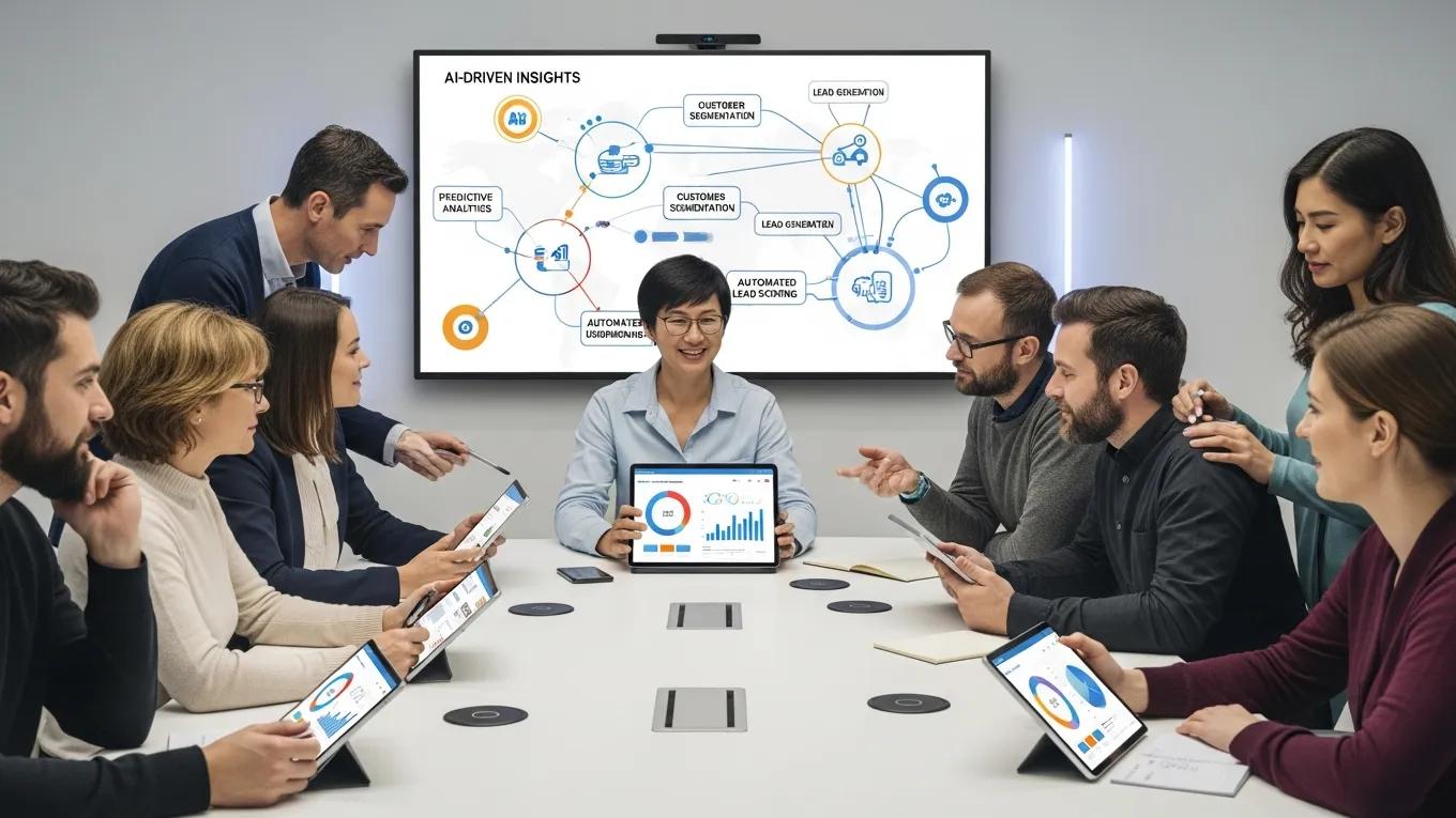Marketing team analyzing AI lead generation strategies in a collaborative setting
