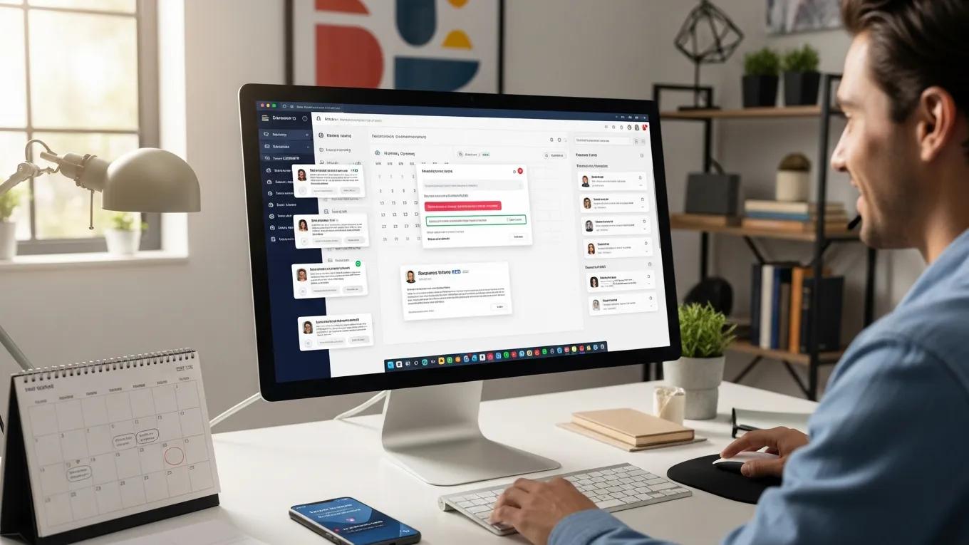 Professional using an AI tool for automated follow-up communications in an office setting