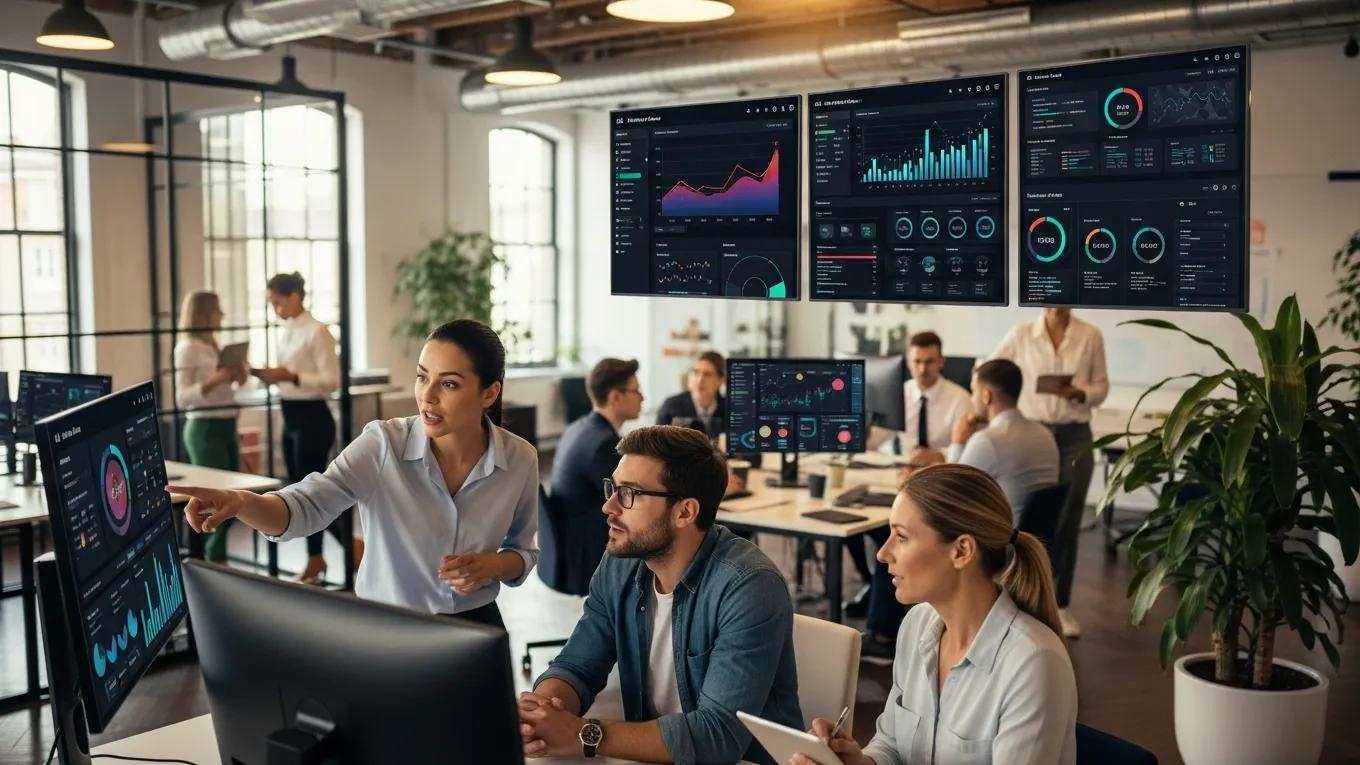 Sales team discussing strategies while utilizing AI analytics to enhance efficiency