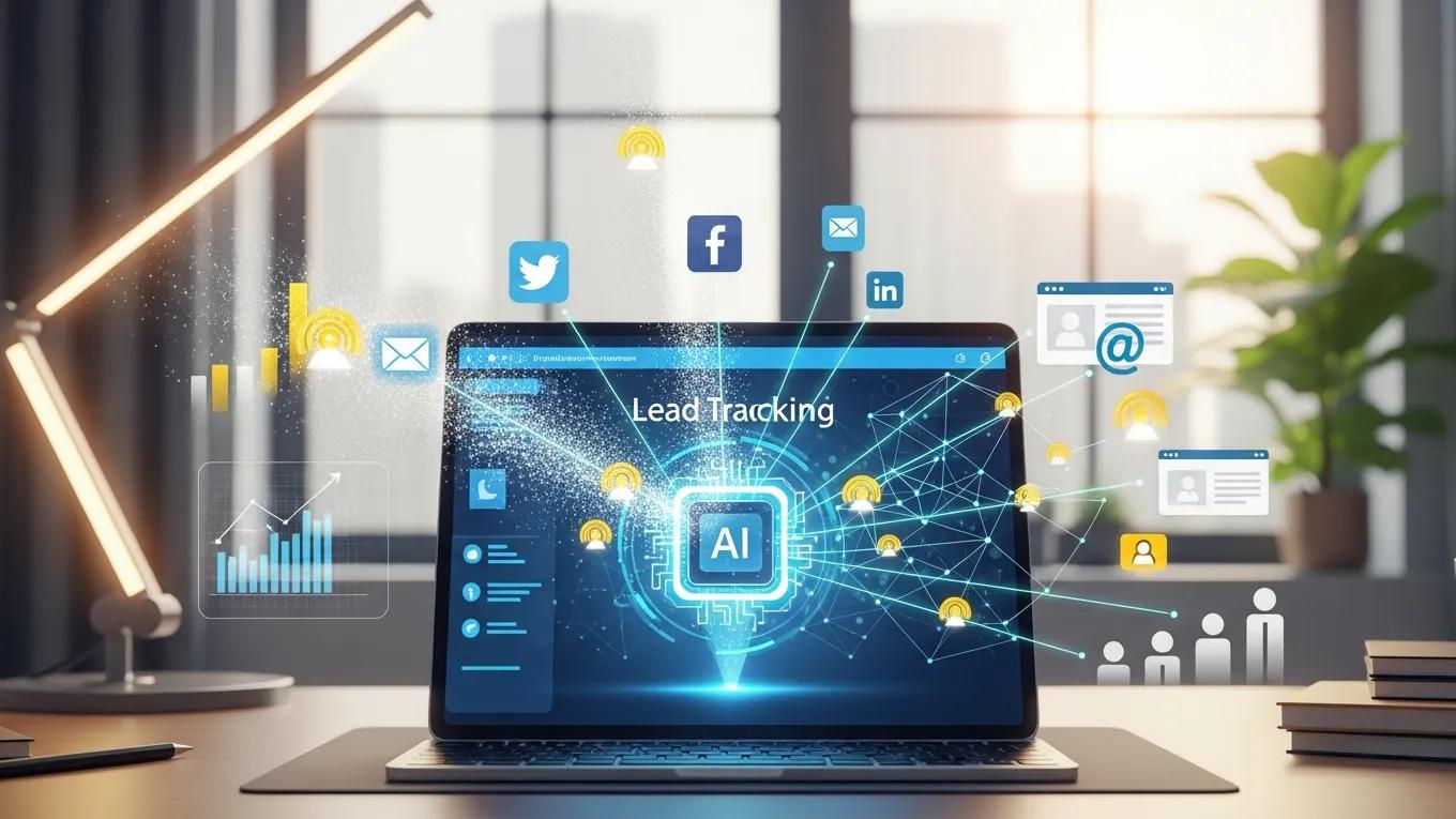 Visualization of AI-powered lead generation with a digital device capturing leads from various channels